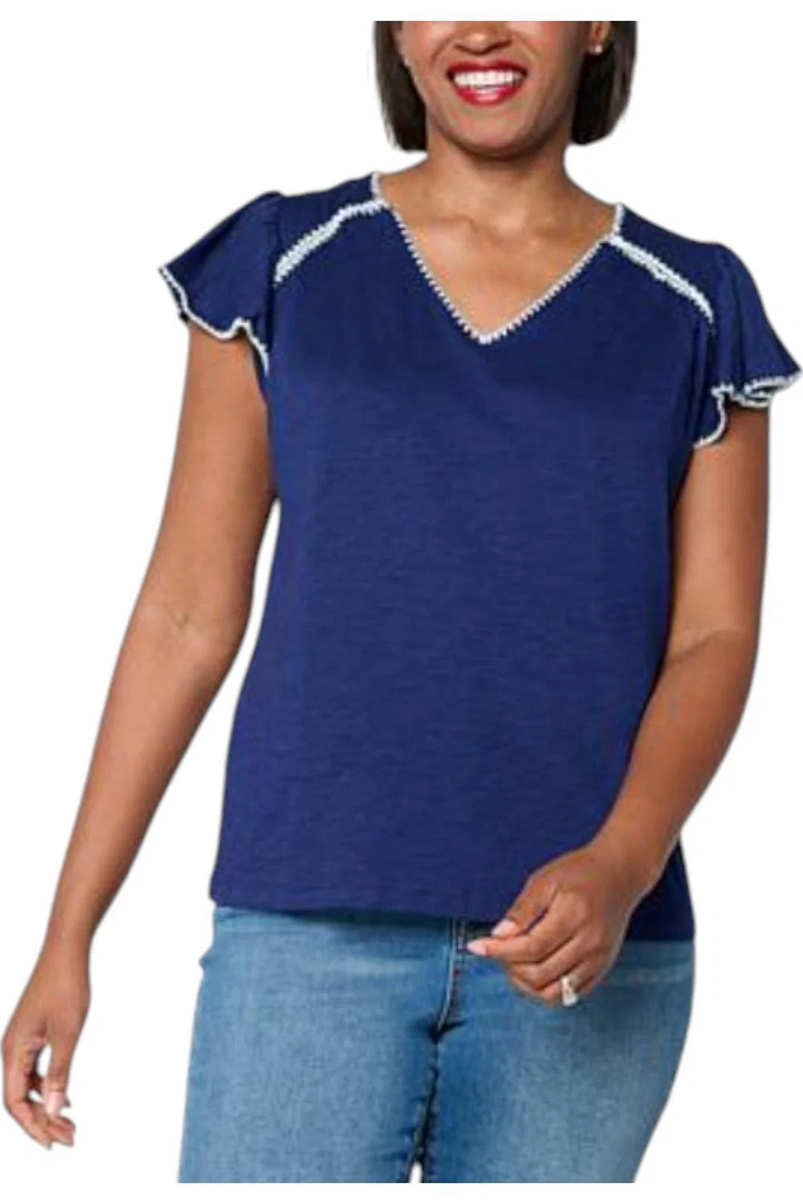 DG2 by Diane Gilman Women's Cotton Modal Slub Flutter Sleeve Top Ocean - Regular